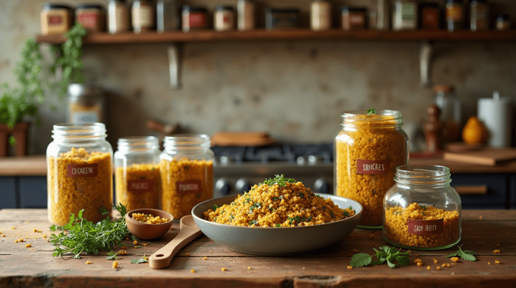 Containers of make-ahead chicken dressing on a rustic countertop with fresh herbs and spices