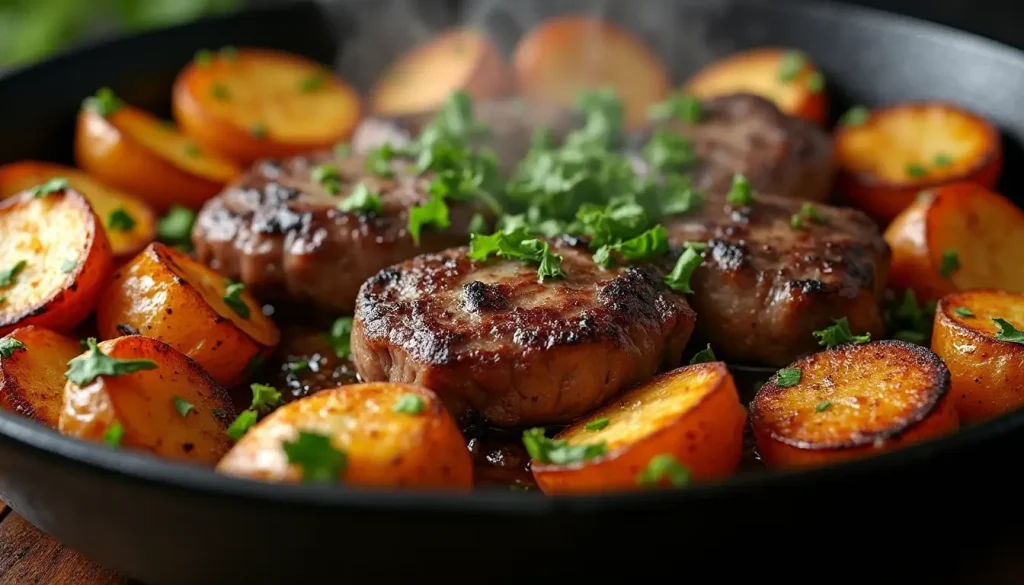 Steak bites and roasted potatoes in a cast iron skillet with fresh herbs