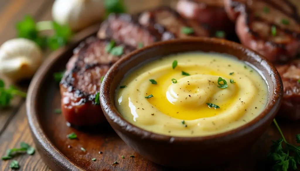 Garlic butter sauce in a bowl surrounded by steak bites, garlic, and parsley