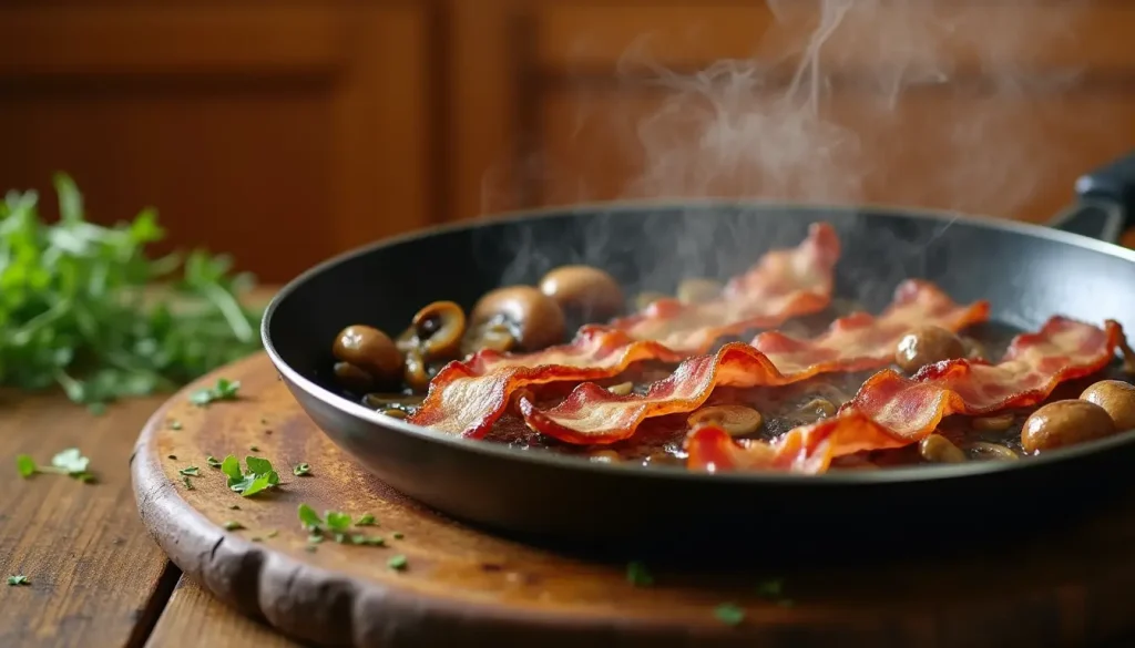 Crispy bacon and sautéing mushrooms for Alice Springs Chicken in a skillet.