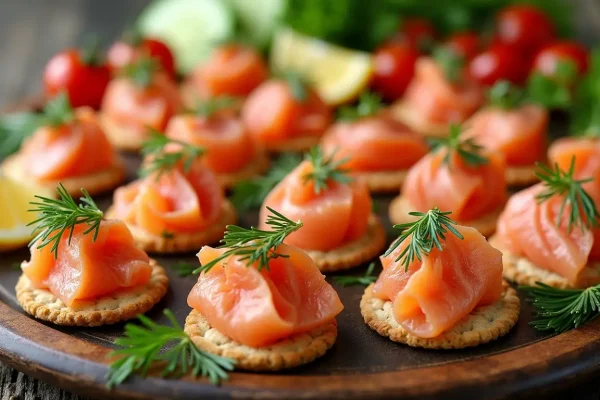 Salmon recipe bites on crispy crackers, garnished with dill, lemon, and colorful vegetables.