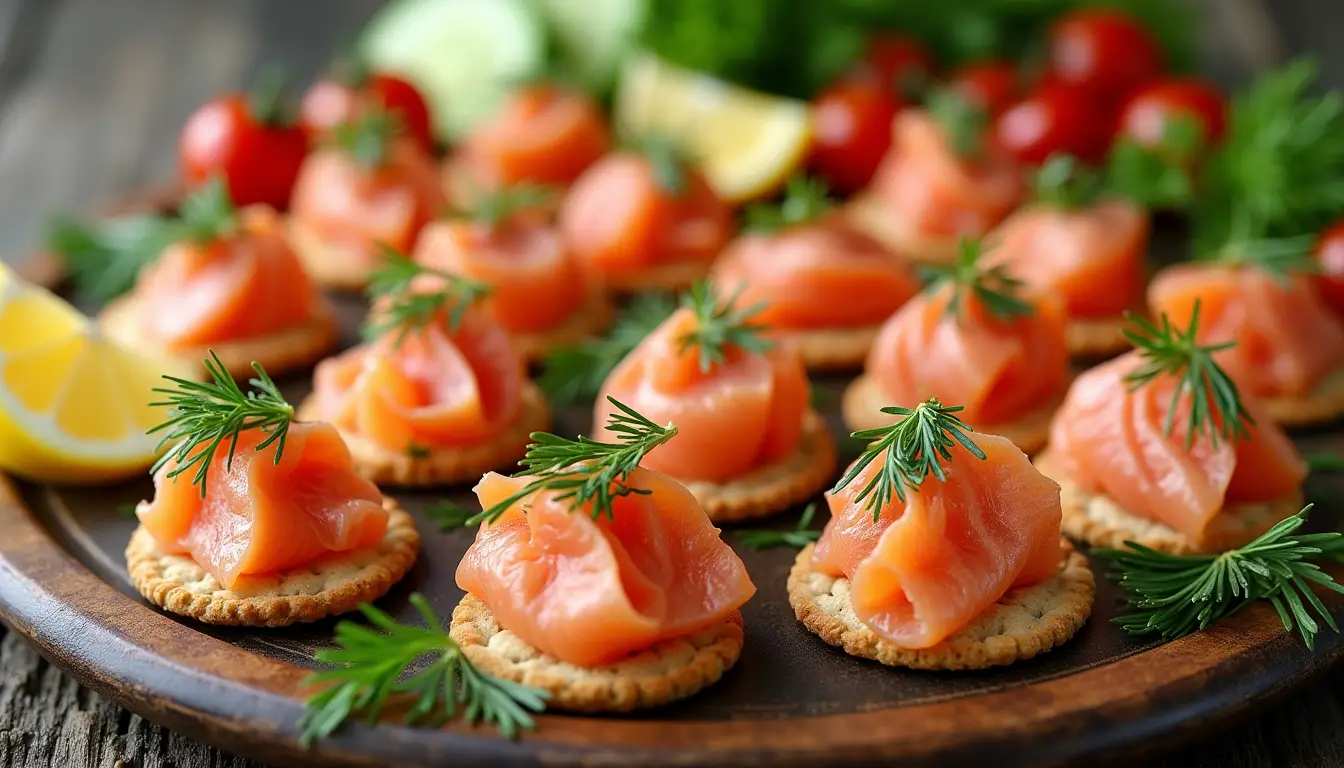 Salmon recipe bites on crispy crackers, garnished with dill, lemon, and colorful vegetables.