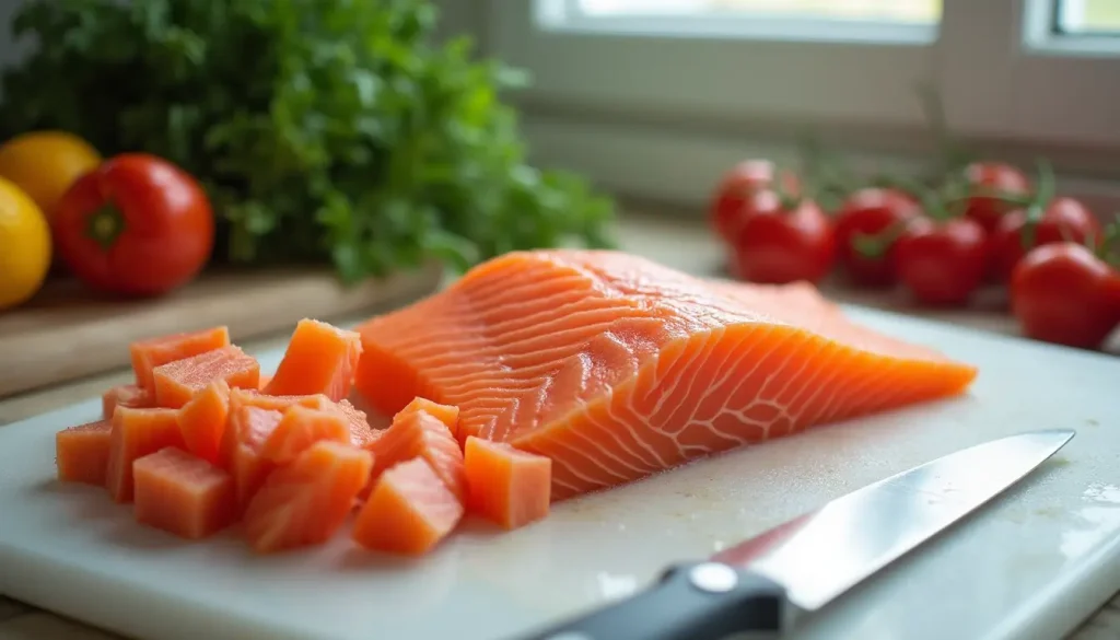 Fresh salmon filet being cut into bite-sized chunks for salmon recipe bites.