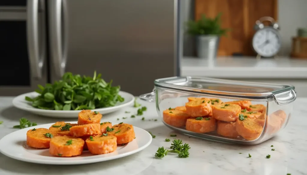 Salmon bites on a plate with a storage container, oven, and refrigerator in a warm kitchen setting.