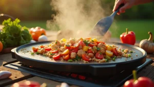 Blackstone griddle with sizzling stir fry, fresh vegetables, and evening sunlight.