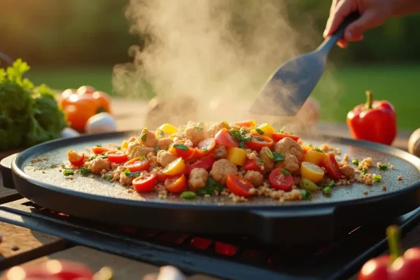 Blackstone griddle with sizzling stir fry, fresh vegetables, and evening sunlight.