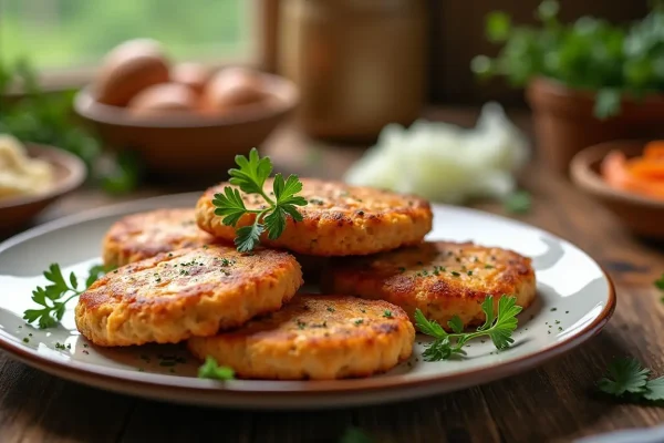 Golden brown salmon patties garnished with fresh herbs on a rustic table.