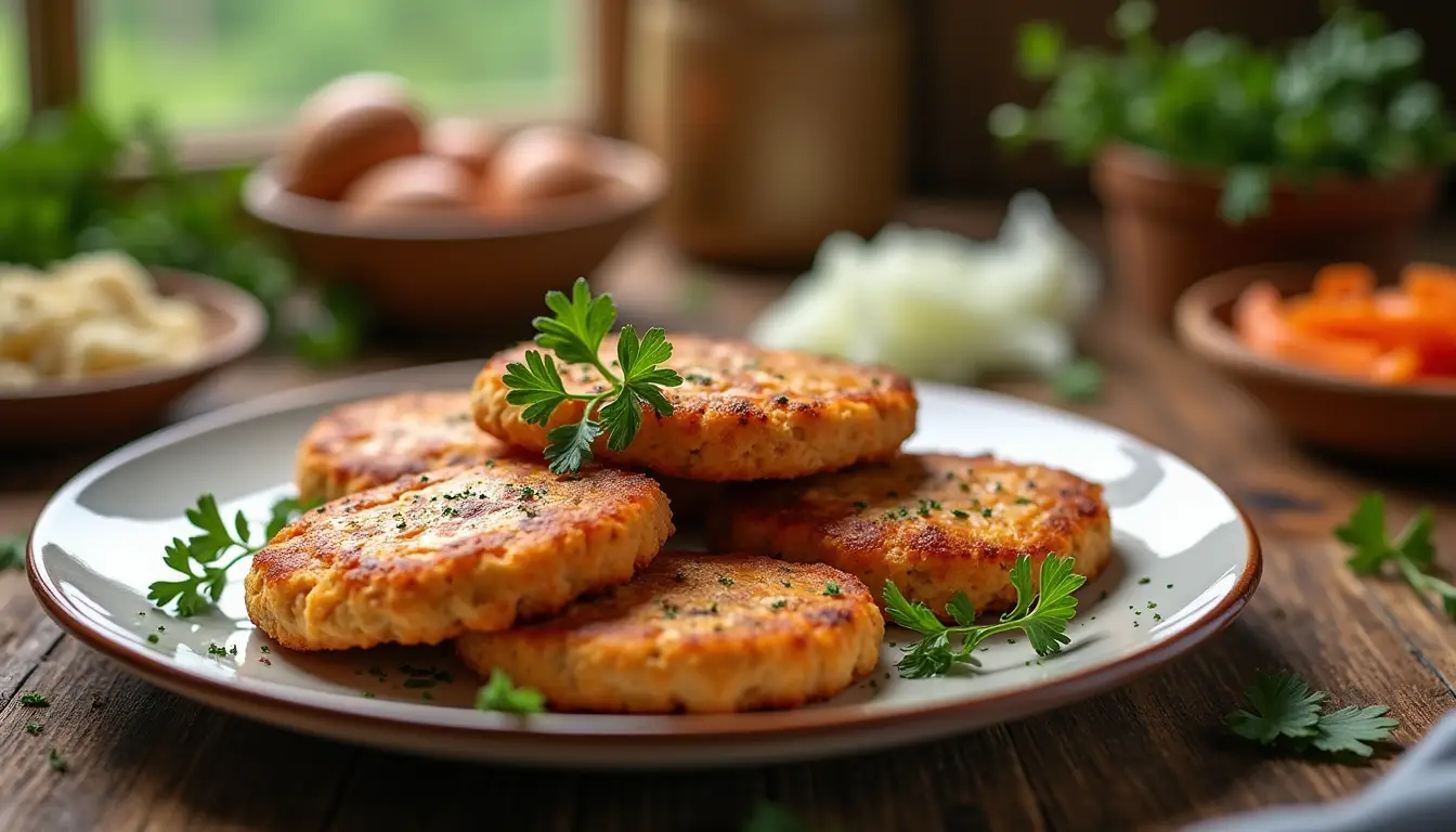 Golden brown salmon patties garnished with fresh herbs on a rustic table.