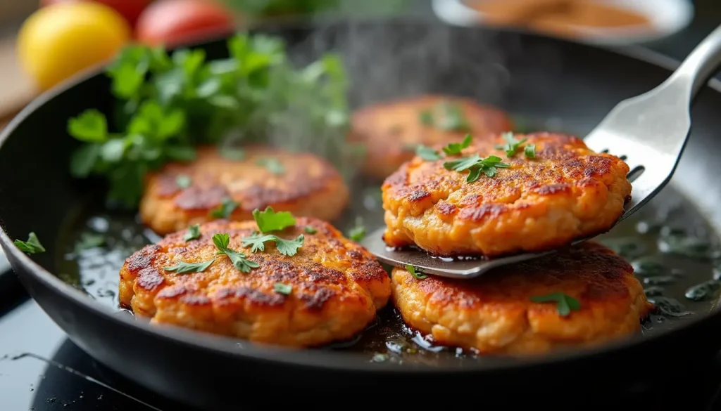 Salmon patties sizzling in a skillet with a golden-brown crust and fresh herbs.