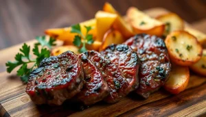 Juicy steak bites with crispy golden potatoes garnished with parsley