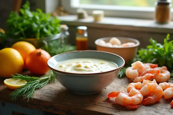 Seafood dressing recipe ingredients on a rustic countertop with shrimp, scallops, crab, herbs, and citrus slices.