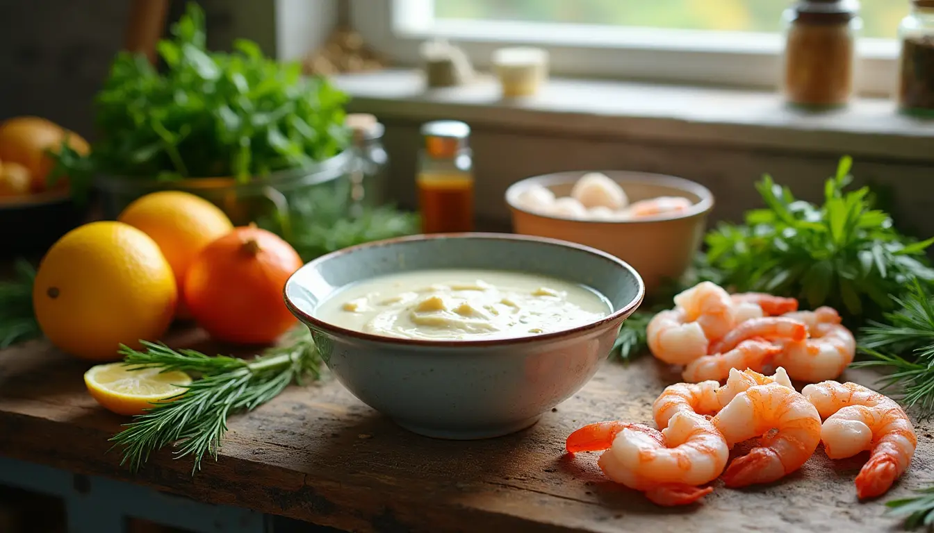 Seafood dressing recipe ingredients on a rustic countertop with shrimp, scallops, crab, herbs, and citrus slices.