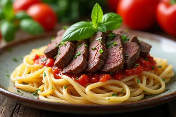 Steak pasta recipe with tender steak slices on al dente spaghetti, garnished with basil, marinara sauce, and colorful vegetables.