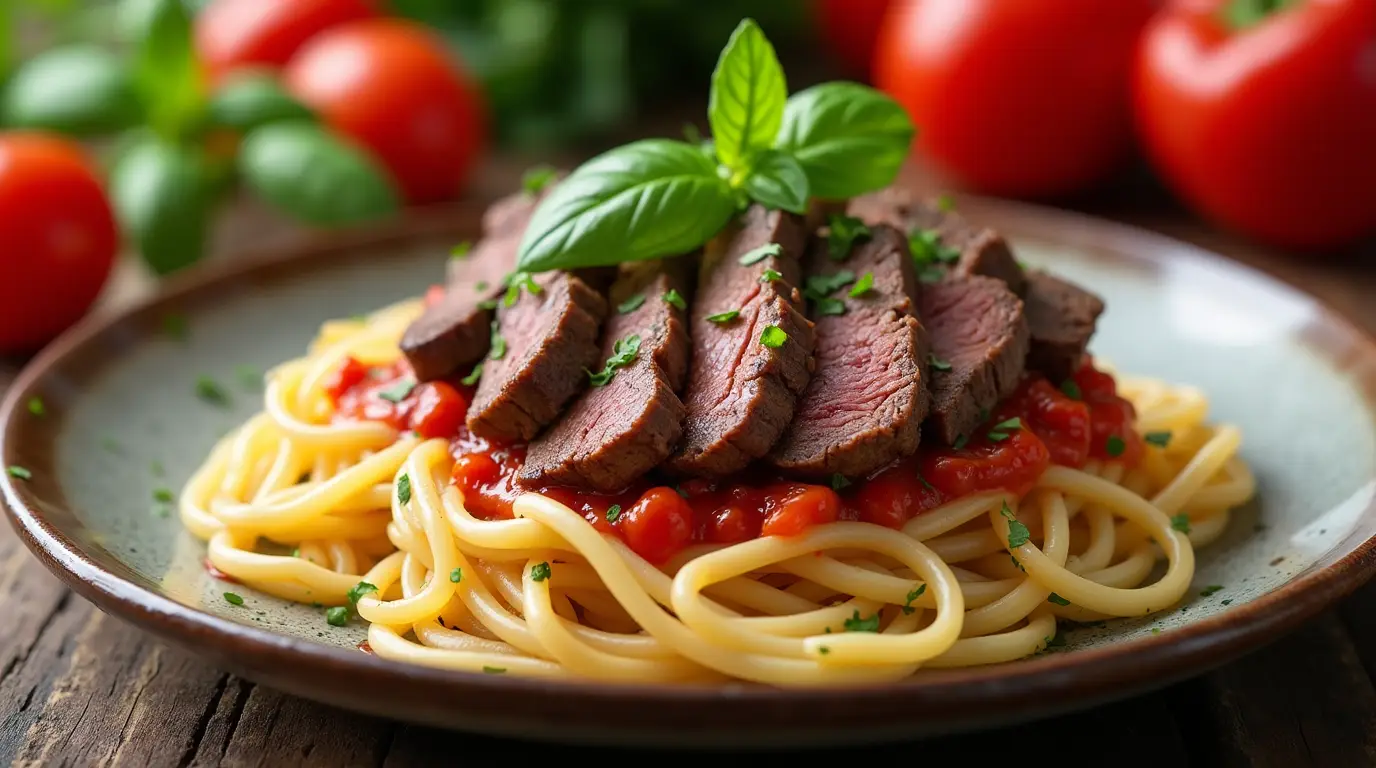 Steak pasta recipe with tender steak slices on al dente spaghetti, garnished with basil, marinara sauce, and colorful vegetables.