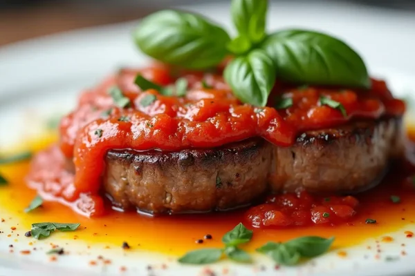 Steak pizzaiola with juicy steak topped with vibrant tomato sauce, fresh herbs, and a drizzle of olive oil.