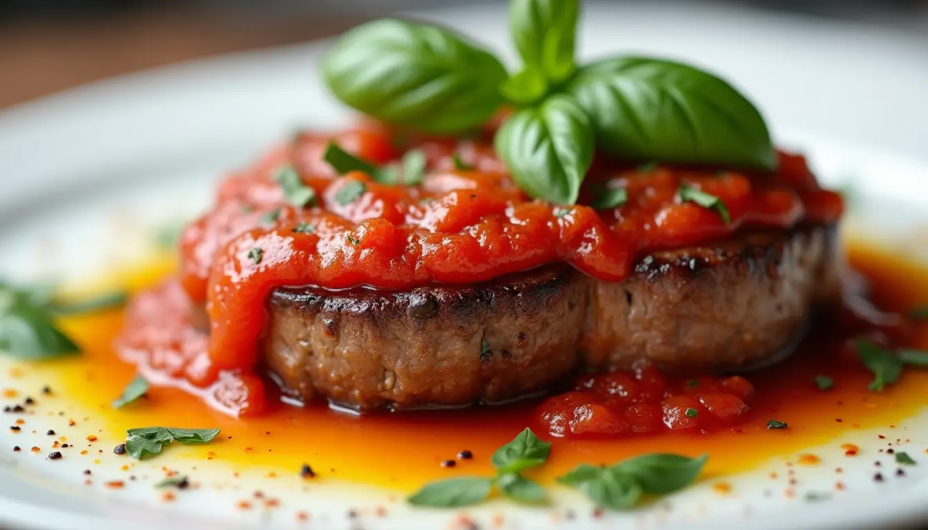 Steak pizzaiola with juicy steak topped with vibrant tomato sauce, fresh herbs, and a drizzle of olive oil.