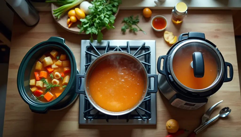 Three chicken bone broth setups: slow cooker, stovetop pot, and instant pot with herbs and spices.