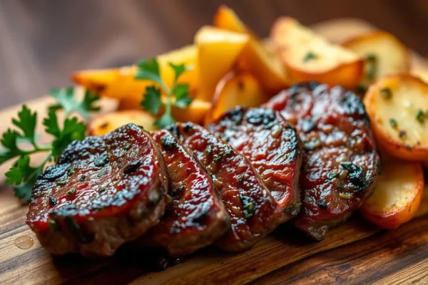 Juicy steak bites with crispy golden potatoes garnished with parsley