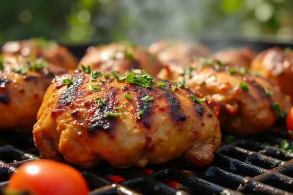 Grilled chicken thighs with char marks and vegetables on a barbecue.