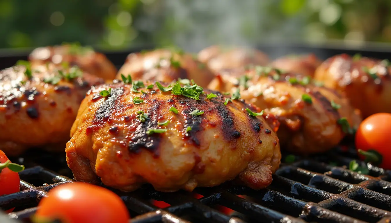 Grilled chicken thighs with char marks and vegetables on a barbecue.