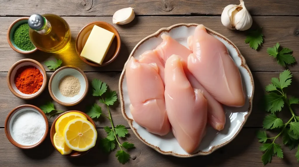 Fresh ingredients for Garlic Butter Chicken Bites on a wooden surface.