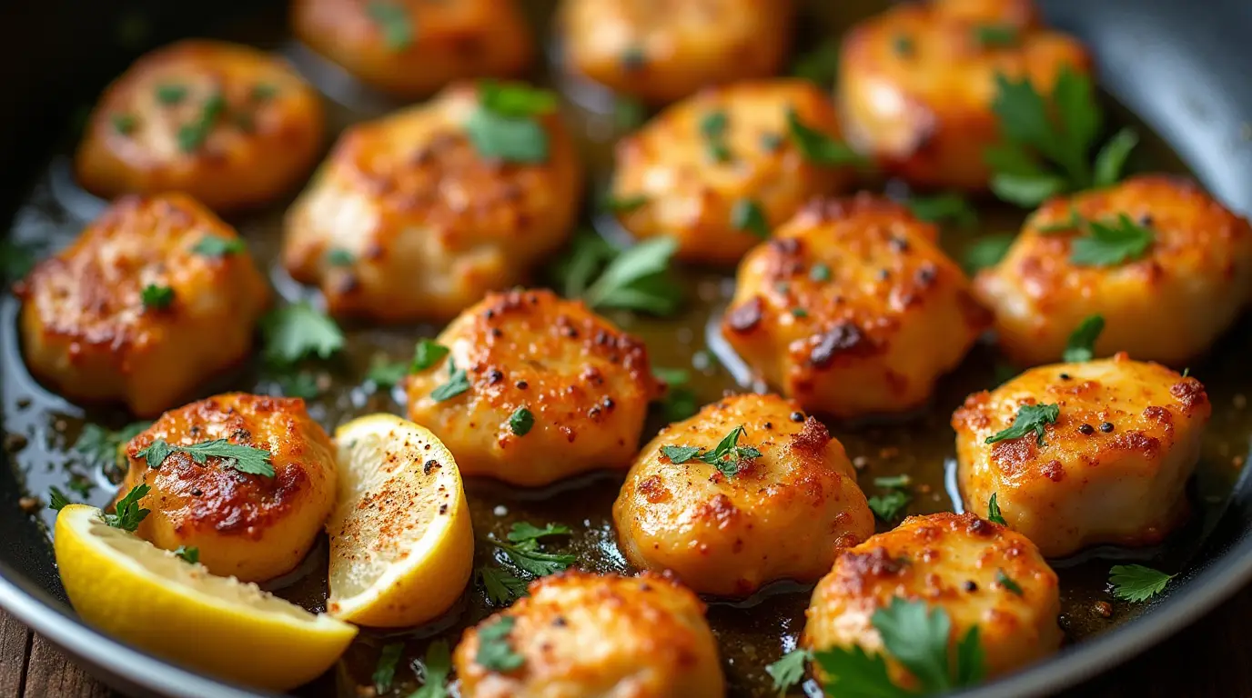 Golden, bite-sized Garlic Butter Chicken Bites sizzling in a pan.